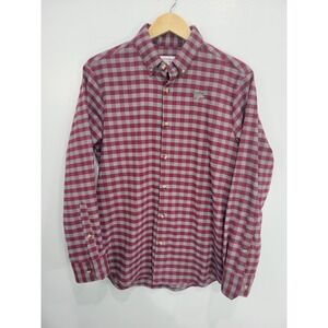 Mizzen + Main Mens Red Grey Gingham Flannel Trim Fit Shirt Medium Pig Logo